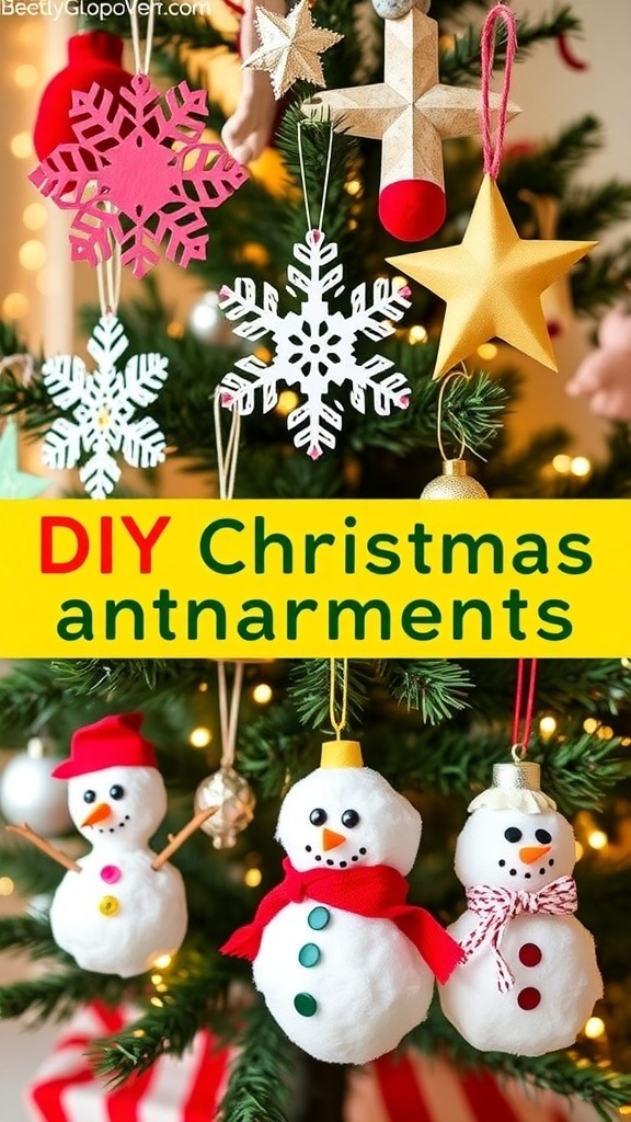 DIY Christmas Ornaments for Kids in Grade 3 A collection of handmade Christmas ornaments including snowflakes, stars, and snowmen, displayed on a decorated tree.